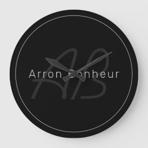 Grande Horloge Ronde Moderne Noir & Gris Nom et Monogramme Cool