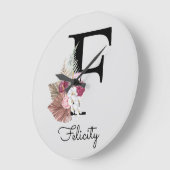 Grande Horloge Ronde Moderne rose Boho girly floral initial F (Angle)