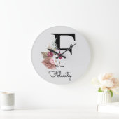 Grande Horloge Ronde Moderne rose Boho girly floral initial F (Maison)
