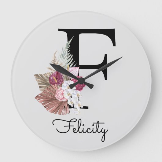 Grande Horloge Ronde Moderne rose boho girly floral initiale F (Recto)