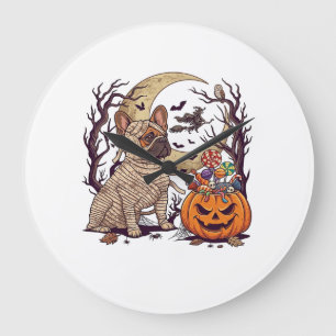 Grande Horloge Ronde Momie d'Halloween Bouledogue Français Citrouille B