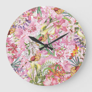 Grande Horloge Ronde Mon jardin de fleurs exotiques tropical coloré