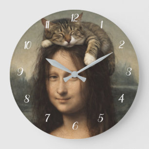 Grande Horloge Ronde Mona Lisa avec chat endormi