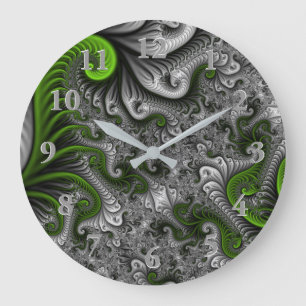 Grande Horloge Ronde Monde Fantastique Art Fractal Abstrait Vert Et Gri