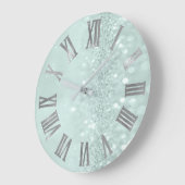 Grande Horloge Ronde Monnaie Vert Argent Parties scintillant gris chiff (Angle)