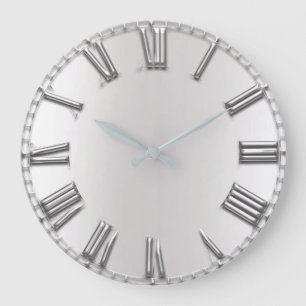 Grande Horloge Ronde Monochrom Gris Métallique Gris Argent Romain Numér