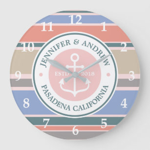 Grande Horloge Ronde Monogram Anchor Trendy Stripes Pink Nautical Beach
