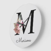 Grande Horloge Ronde Monogram Pink Boho Girly Floral Initial M (Angle)