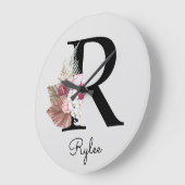 Grande Horloge Ronde Monogram Pink Boho Girly Floral Initial R (Angle)