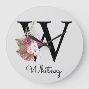 Grande Horloge Ronde Monogram Pink Boho Girly Floral Initial W