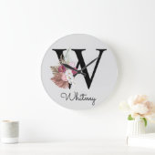 Grande Horloge Ronde Monogram Pink Boho Girly Floral Initial W (Maison)