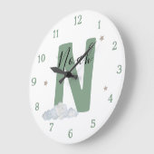 Grande Horloge Ronde Monogram Sage Baby Initial Name Nursery Wall Clock (Angle)
