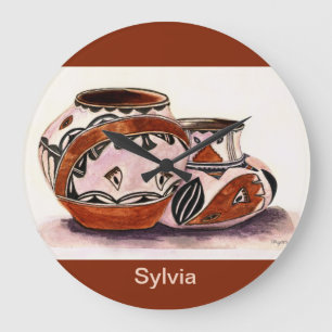 Grande Horloge Ronde Monogramme Aquarelle Art poterie amérindienne