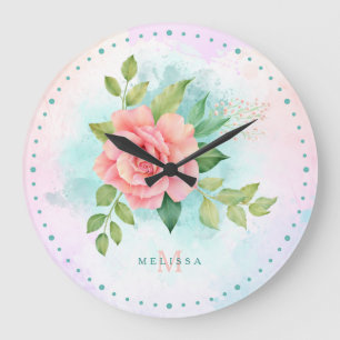 Grande Horloge Ronde Monogramme Aquarelle Turquoise Ombre Rose
