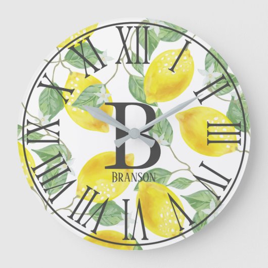Grande Horloge Ronde Monogramme de citrons d'aquarelle au pays (Recto)