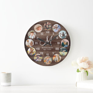 Grande Horloge Ronde Monogramme de collage de photos de famille de ferm