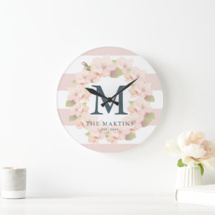 Grande Horloge Ronde Monogramme de germe de fleurs de cerise rose