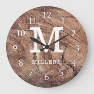 Grande Horloge Ronde Monogramme de la famille Patiné Wood Farmhouse