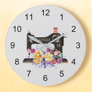 Grande Horloge Ronde Monogramme de la machine à coudre Vintage florale