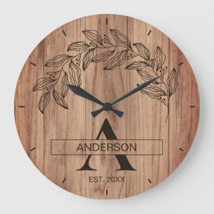 Grande Horloge Ronde Monogramme de nom de famille de ferme en bois rust