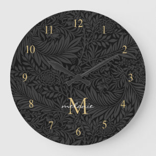 Grande Horloge Ronde Monogramme de script floral noir élégant or