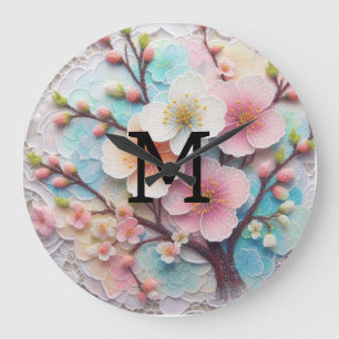Grande Horloge Ronde Monogramme dentelle rose pastel fleurs de cerisier