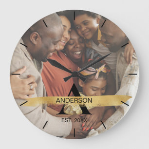 Grande Horloge Ronde Monogramme doré de photo de famille personnalisée