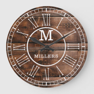 Grande Horloge Ronde Monogramme du nom de famille du bois Brown rustiqu