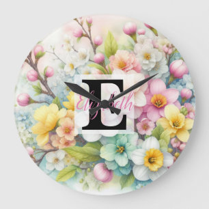 Grande Horloge Ronde Monogramme et nom sur Fleurs à l'aquarelle en past