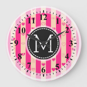 Grande Horloge Ronde Monogramme Hot Pink Stripes Moderne Motif de coeur