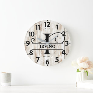 Grande Horloge Ronde Monogramme I en vieux bois rustique