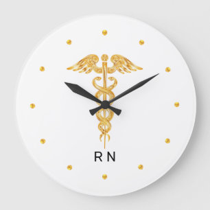 Grande Horloge Ronde Monogramme infirmière Caducée doré sur fond blanc