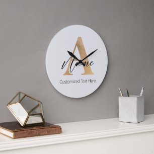 Grande Horloge Ronde Monogramme moderne Initiale A & Nom Personnalisé