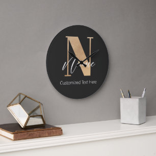 Grande Horloge Ronde Monogramme moderne Initiale N & Nom Personnalisé