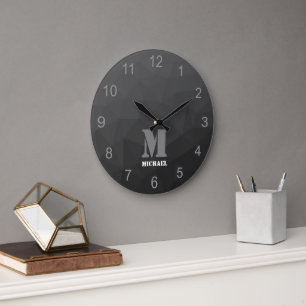 Grande Horloge Ronde Monogramme Motif de maillage géométrique gris fonc