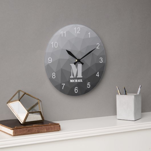 Grande Horloge Ronde Monogramme Motif géométrique Gris Gradient (Bureau)