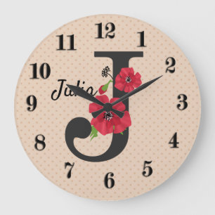 Grande Horloge Ronde Monogramme personnalisé texte éditable J fleur rou