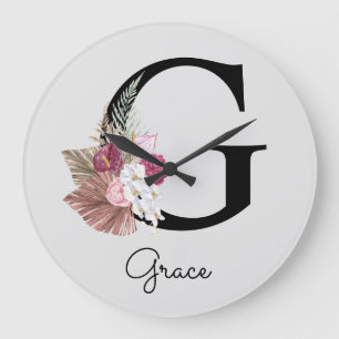 Grande Horloge Ronde Monogramme rose bohème girly floral initial G