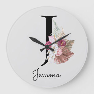 Grande Horloge Ronde Monogramme Rose Boho Féminin Floral Initiale J