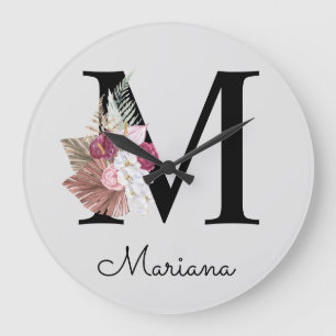 Grande Horloge Ronde Monogramme Rose Boho Féminin Floral Initiale M
