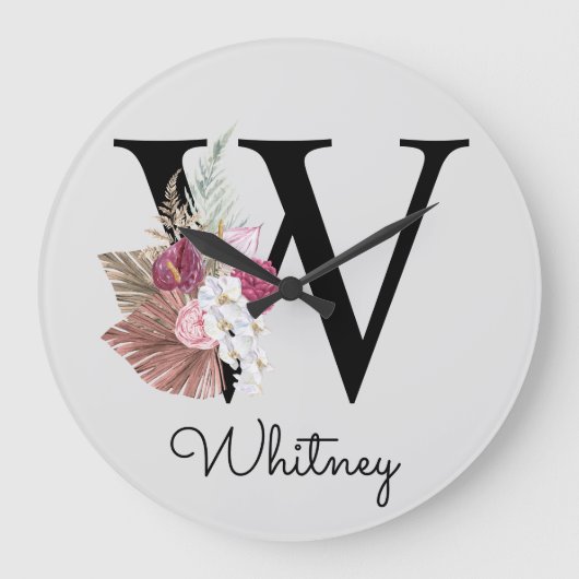 Grande Horloge Ronde Monogramme Rose Boho Féminin Floral Initiale W (Recto)