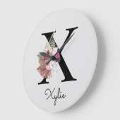 Grande Horloge Ronde Monogramme Rose Boho Floral Initial X (Angle)