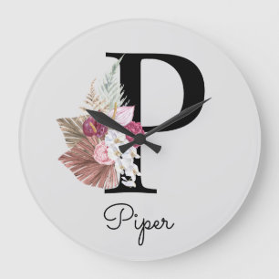 Grande Horloge Ronde Monogramme Rose Boho Floral Initiale P
