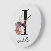 Grande Horloge Ronde Monogramme rose Boho Girly Floral Initial I (Angle)