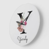 Grande Horloge Ronde Monogramme Rose Boho Girly Floral Initiale Y (Angle)