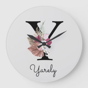 Grande Horloge Ronde Monogramme Rose Boho Girly Floral Initiale Y
