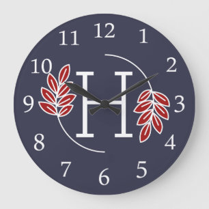 Grande Horloge Ronde Monogramme rouge et blanc moderne de laurier