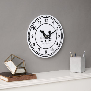 Grande Horloge Ronde Monogramme simple Noir et blanc Nom de famille per