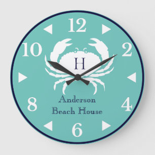 Grande Horloge Ronde Monogramme Turquoise Bleu Blanc Marine Bleu Crabe 