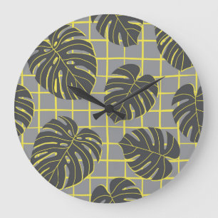 Grande Horloge Ronde Monstera Feuilles : Jaune-Gris moderne Abstrait